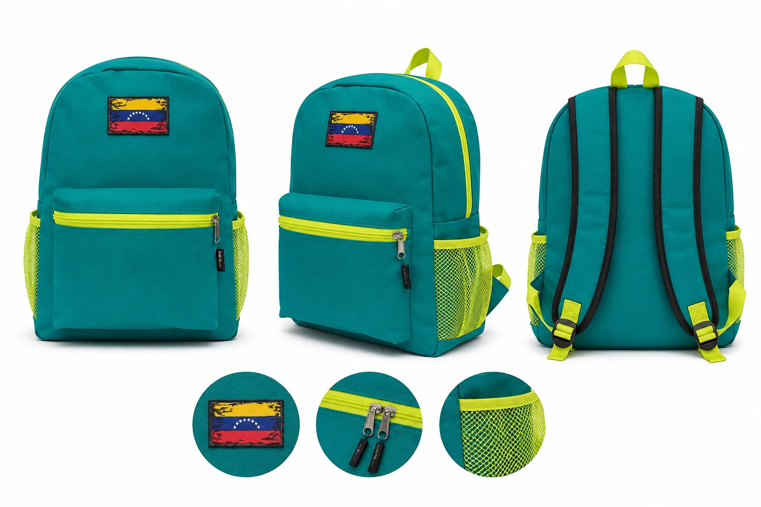 Morral de Calma fotografiado desde tres ángulos, con detalles del parche de la bandera de Venezuela, la cremallera doble y el bolsillo lateral de malla